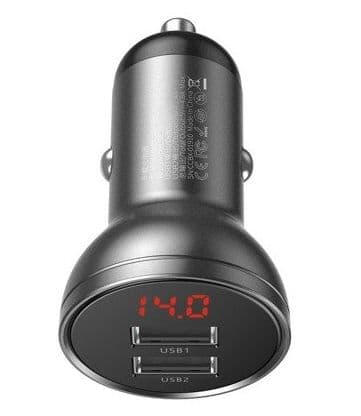 BASEUS BILOPLADER MED DISPLAY, 2X USB, 4.8A, 24W (GRÅ)
