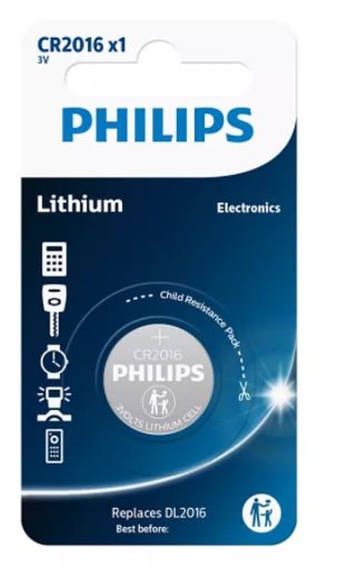 PHILIPS BATTERI CR2016 3,0V (20,0X1,6) LITHIUM BLISTER 1 STK. (PRIS PR. STK./SALG I PORTIONER AF 10 STK.)