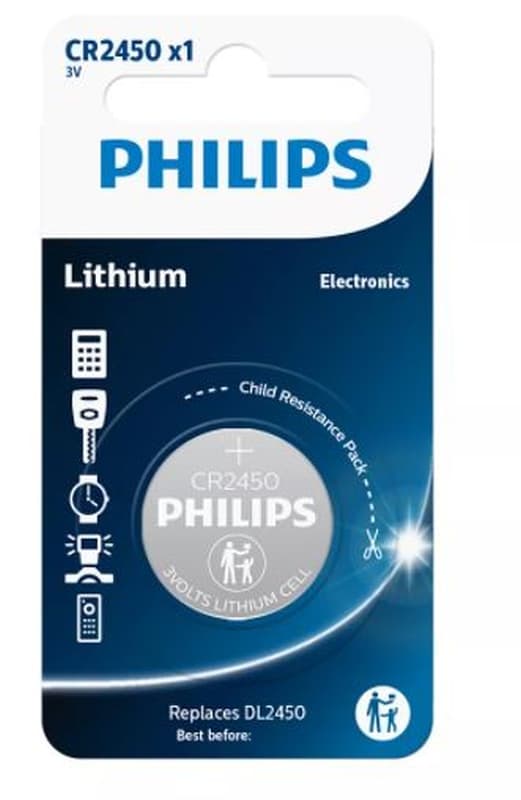 PHILIPS BATTERI CR2450 3,0V (24,5X5,0) LITHIUM BLISTER 1 STK. (PRIS PR. STK./SALG I PORTIONER AF 10 STK.)