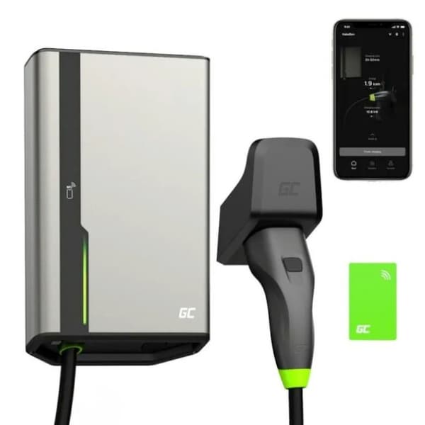 Green Cell - HabuDen Wallbox 22kW 32A 5m Type 2 Charger for Electric Vehicles (EV) with GC Bluetooth WiFi NFC App Grå