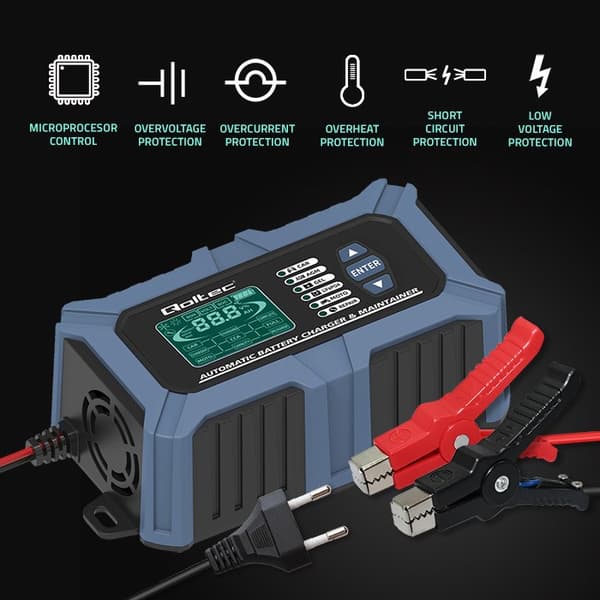 Qoltec Älykäs Mikroprosessori Akkulaturi Akkutesterillä ja 12 V Korjaustoiminnolla | 6A | LCD | Akkulaturi AGM LiFePO4 GEELI -akulle