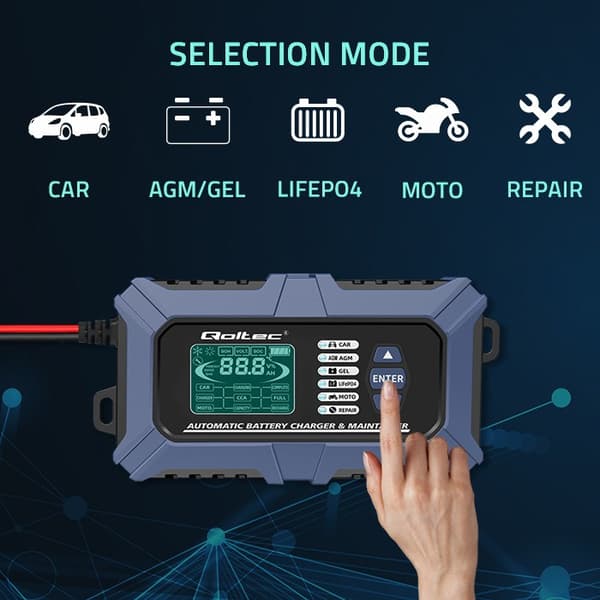 Qoltec Älykäs Mikroprosessori Akkulaturi Akkutesterillä ja 12 V Korjaustoiminnolla | 6A | LCD | Akkulaturi AGM LiFePO4 GEELI -akulle
