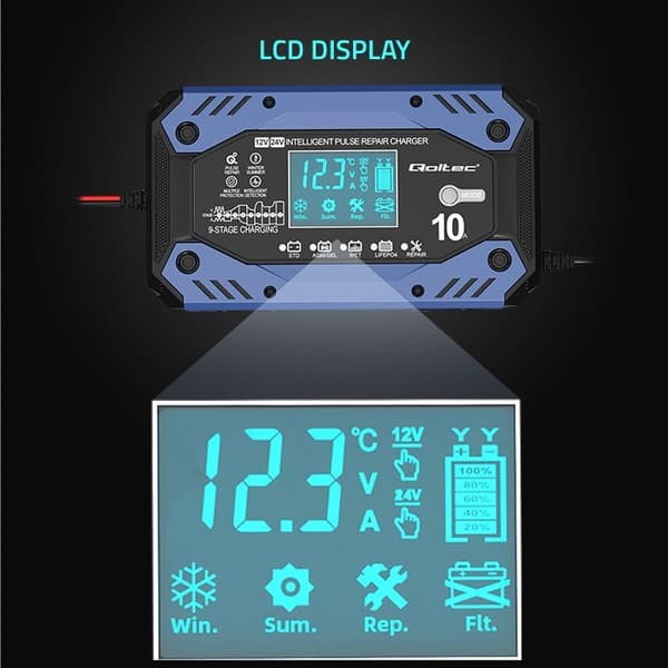 Qoltec 52482 Älykäs laturi STD AGM GEL LiFePO4 -akuille | Akkulaturi korjaustoiminnolla | 12-24V | 10A | LCD | 9-vaiheinen lataus