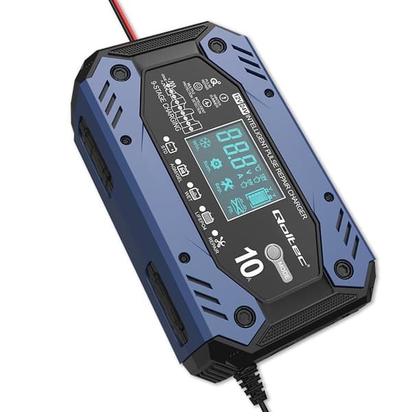 Qoltec 52482 Älykäs laturi STD AGM GEL LiFePO4 -akuille | Akkulaturi korjaustoiminnolla | 12-24V | 10A | LCD | 9-vaiheinen lataus