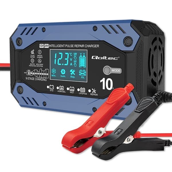 Qoltec 52482 Älykäs laturi STD AGM GEL LiFePO4 -akuille | Akkulaturi korjaustoiminnolla | 12-24V | 10A | LCD | 9-vaiheinen lataus