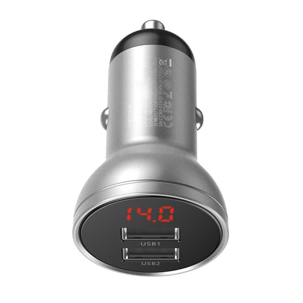 Baseus billaddare med display, 2x USB, 4.8A, 24W (silver)