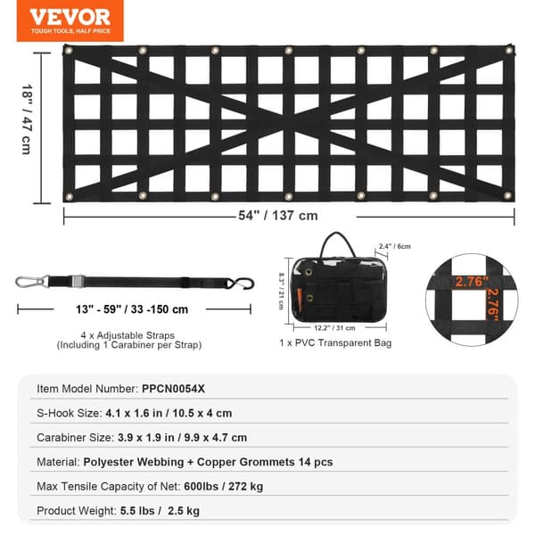 Universelt Cargo Net, 600 lbs kapacitet, justerbare stropper,54 x 18 tommer
