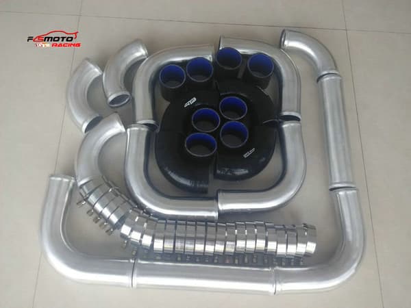 3-tums aluminium intercooler turbo rör, inkluderar silikon slangar, T-klämmor,Svart