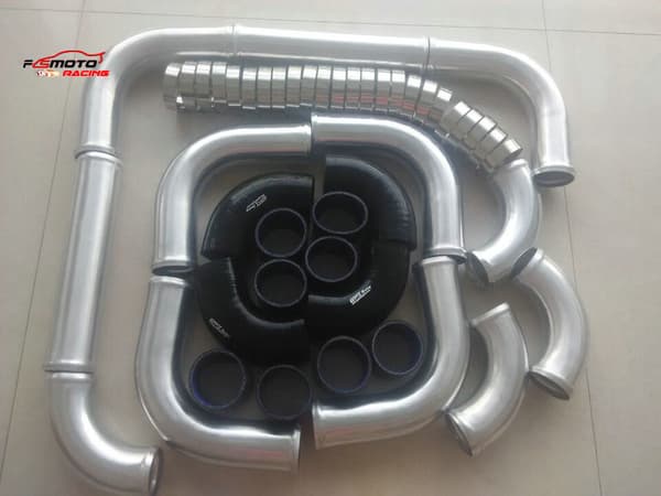 3-tums aluminium intercooler turbo rör, inkluderar silikon slangar, T-klämmor,Svart