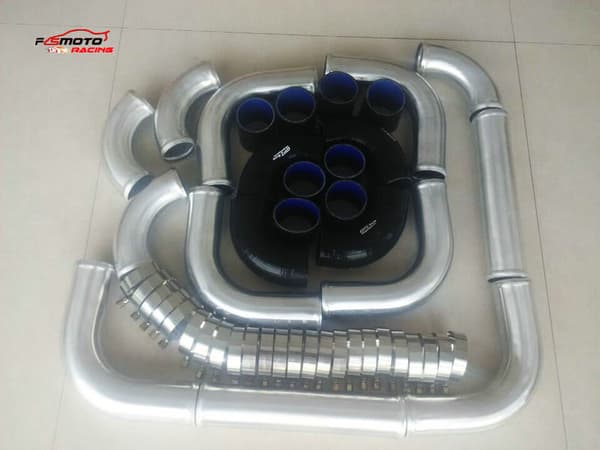 3-tums aluminium intercooler turbo rör, inkluderar silikon slangar, T-klämmor,Svart