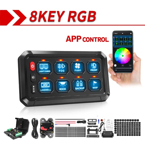 RGB LED Switch Panel, 8 eller 12 Gang Kontrol, Tilpassede Klistermærker Inkluderet,8 Gear APP Kontrol