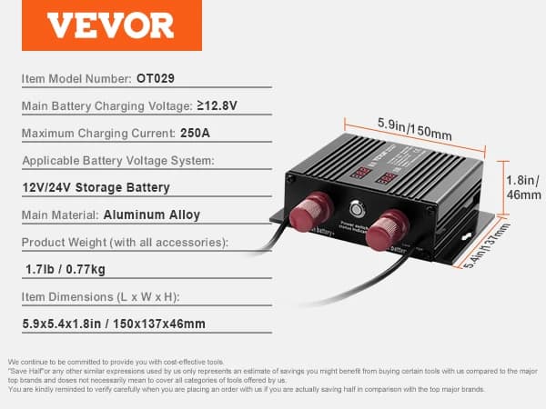 VEVOR Dual Battery Isolator Kit, 12V 140A, 12V/24V 250A,12V 24V 250A