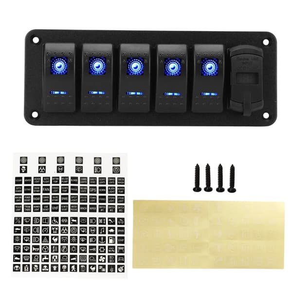 5 Gang Rocker Switch Panel, Dobbelt USB-porte, LED Spændingsdisplay,A