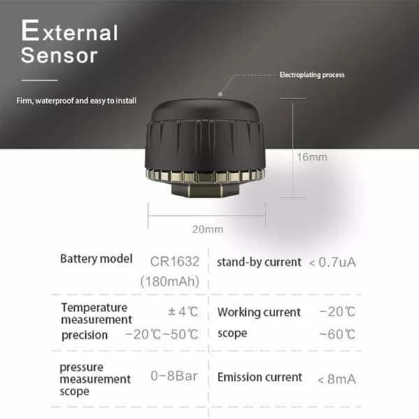 TPMS-dæktryksmåler med ekstern sensor – til Android-medieenhed