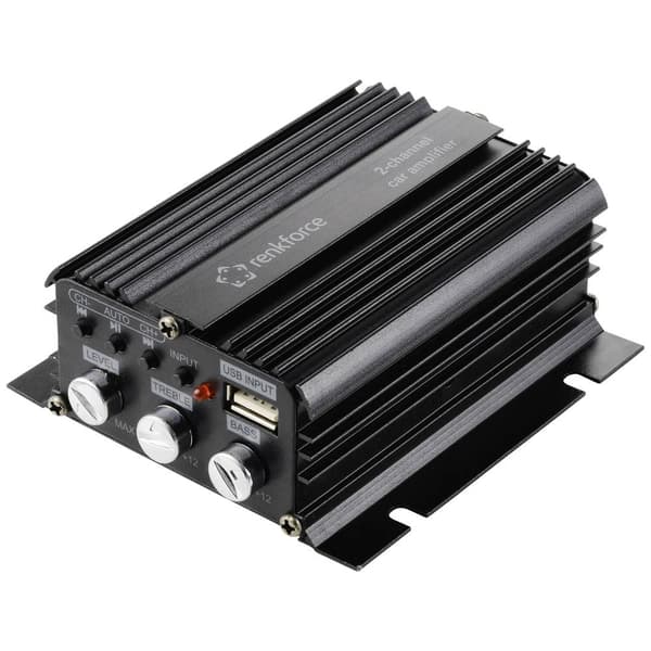 Renkforce RF-CMP-202 2-kanals slutsteg 100 W Bluetooth®-/USB-ljuduppspelning, Volym-/bas-/diskantreglering