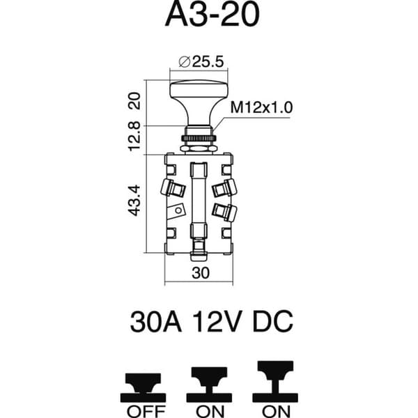 TRU COMPONENTS TC-A3-20B-SQ Dragströmbrytare 12 V/DC 30 A 2 x Av/På/På låsande 1 st