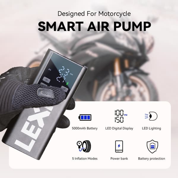 Motorcykeldæk Inflator Pumpe, Smart Inflation Pumpe, Power Bank