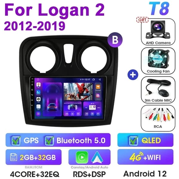 Bilstereo Radio Multimedia Spelare, Android 12, GPS Carplay Auto DVD, T10-C-Kamera-B