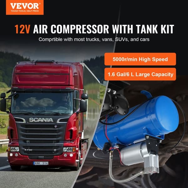 VEVOR 12V luftkompressor, Tankkapacitet på 16 gallon/6 liter, Maksimalt tryk på 120 psi.