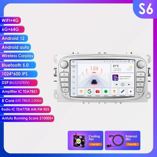 Bil Android Radio, CarPlay-kompatibilitet, GPS-navigation, S6-6G 64G-8kärnig-4GS