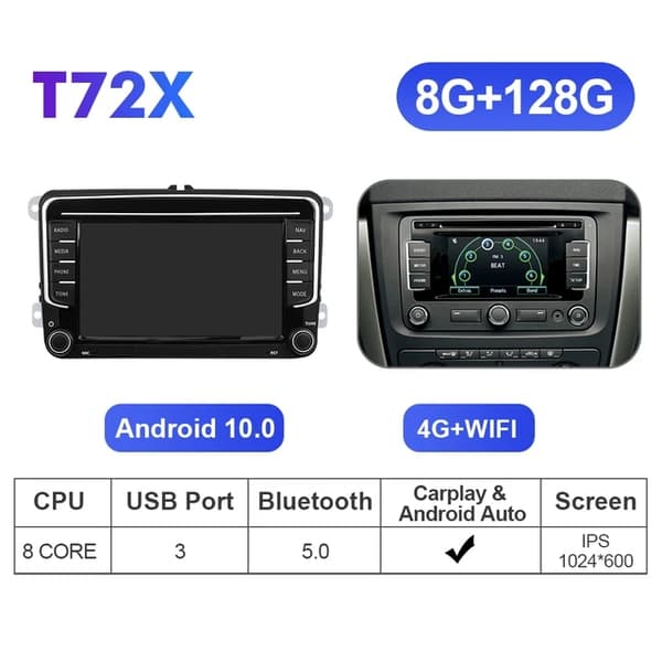 Autosoitin, Android 7 tuuman näyttö, Carplay-yhteensopivuus, T72X RAM 8G Carplay