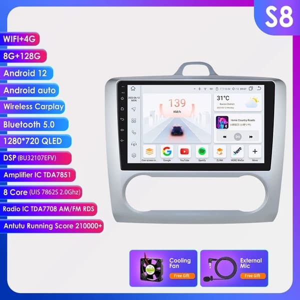 CarPlay-autoradio, Android 12, auton GPS, S8-8G 128G-8-ydin-4GS