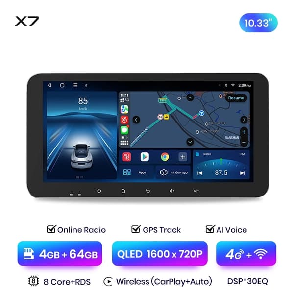 Bilradio, 2K-upplösning, trådlös CarPlay, X7 PRO (6GB-128GB) - 11,5 tum