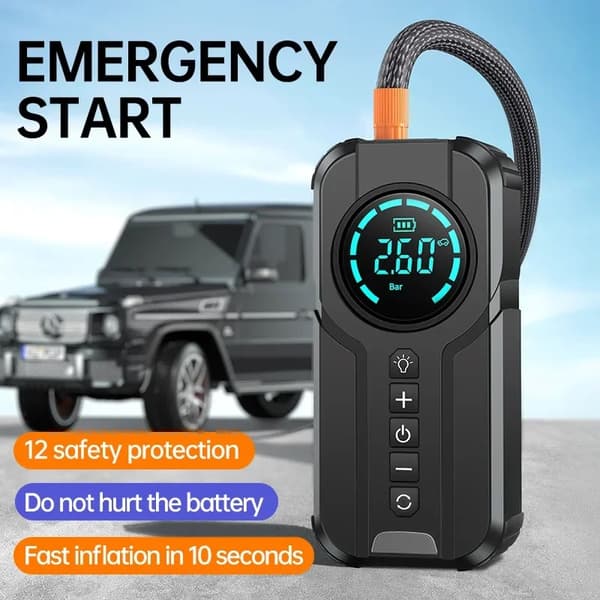 Jump Starter Power Bank, 1000A Peak Strøm, 180PSI Luftkompressor, Sort