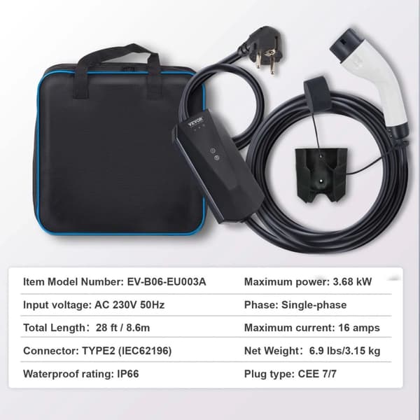 Portabel laddare för elbilar, 3,68 kW, 28ft kabel, CEE 7/7-kontakt,Indikatorlampa