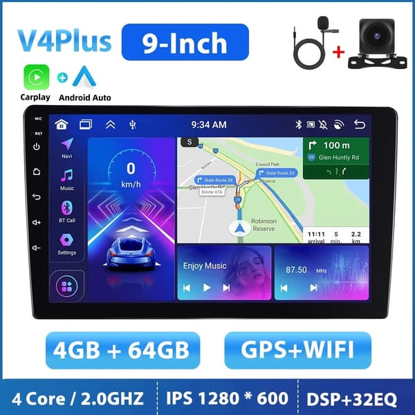 Podofo 2 Din Autoradio, Sisäänrakennettu GPS-Navigointi, Kosketusnäyttö,9 tuumaa 32G
