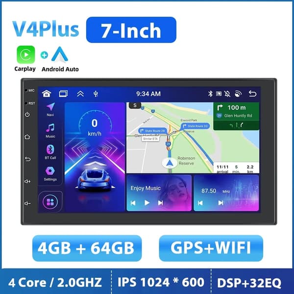 Podofo 2 Din Autoradio, Sisäänrakennettu GPS-Navigointi, Kosketusnäyttö,9 tuumaa 32G