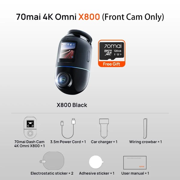 70mai 4K Dash Cam, 60FPS Videon Tallennus, Ääniohjaus,X800 Etukamera, 128GB Kortti Lahja