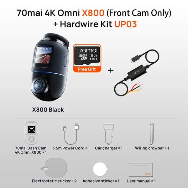 70mai 4K Dash Cam, 60FPS Videoinspelning, Röststyrning,Framkamera n UP03 Kit, 128GB Kort Gåva