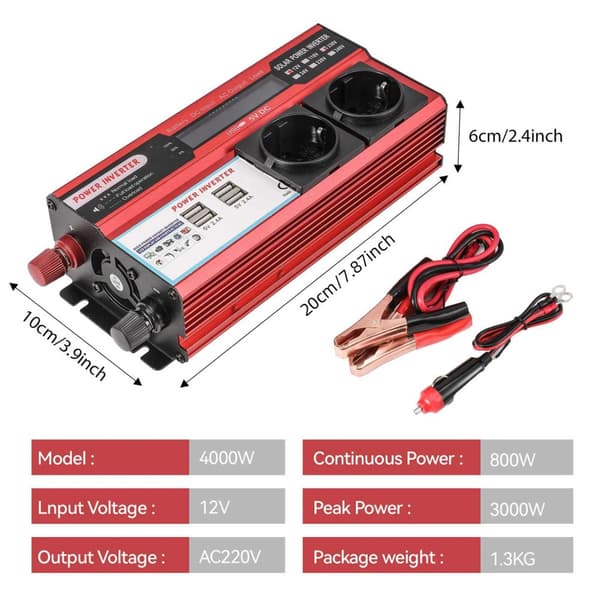 Effektomvandlare, 4000W toppkraft, 800W kontinuerlig kraft,12V 220V 4000W