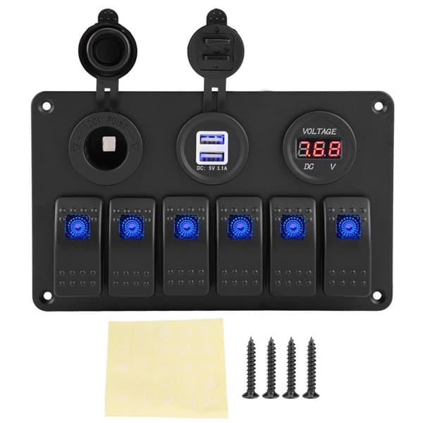 6 Gang Rocker Switch Panel, Dual USB Port, Voltmeter, Cigaretterlighter Socket,A