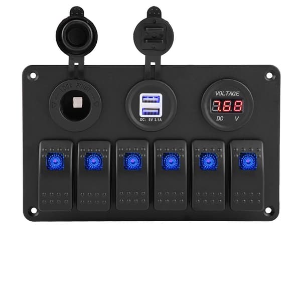 6 Gang Rocker Switch Panel, Dual USB Port, Voltmeter, Cigaretterlighter Socket,A