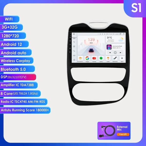 Bil Multimedia Spelare, 10.1" Pekskärm, Trådlös Carplay,S1-8Kärnor-3G 32G