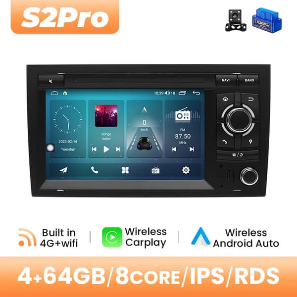 Android bilmultimedia, 128GB lagring, trådlös Carplay, 4GB 64GB OBD-kamera