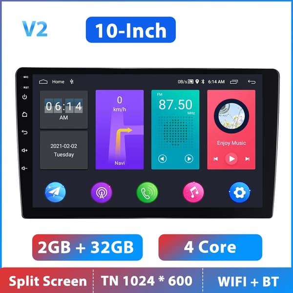 Podofo 2 Din Bilradio, Indbygget GPS Navigation, Touchskærm Display,10 tommer 32G