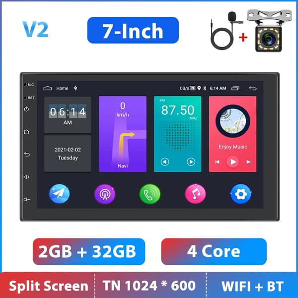 Podofo 2 Din Bilradio, Indbygget GPS Navigation, Touchskærm Display,7 tommer 32G MIC kamera