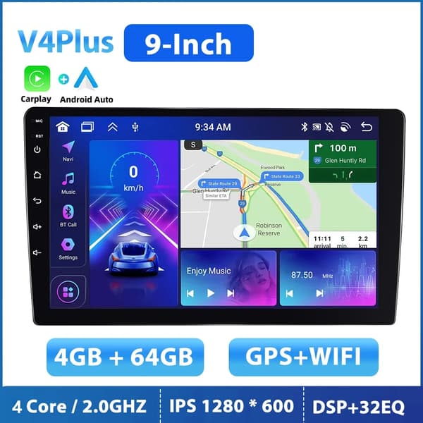 Podofo 2 Din Bilradio, Indbygget GPS Navigation, Touchskærm Display,9 tommer 4G 64G