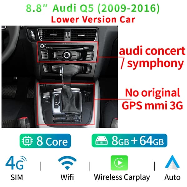 Bilskærm, Android 12 system, BT 4G WIFI, LAV 8-64GB RAM, Otte Kerne