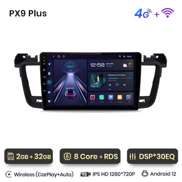 Carplay-bilstereo, trådlös Carplay, multimedia GPS-navigering, 4G-WIFI 2-32GB