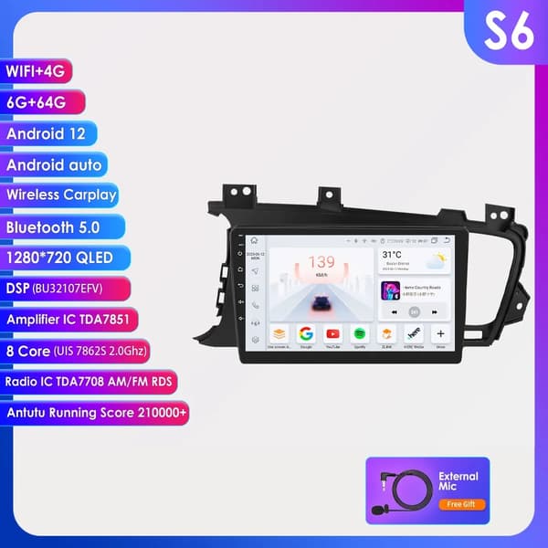 Carplay til Kia K5 Optima, Android 12, GPS-navigation, S6