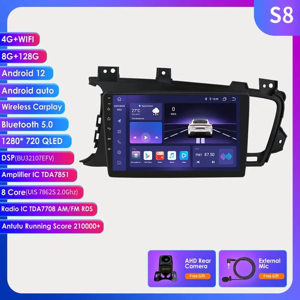 Carplay til Kia K5 Optima, Android 12, GPS-navigation, S8 AHDC2