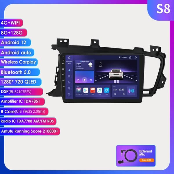 Carplay til Kia K5 Optima, Android 12, GPS-navigation, S8