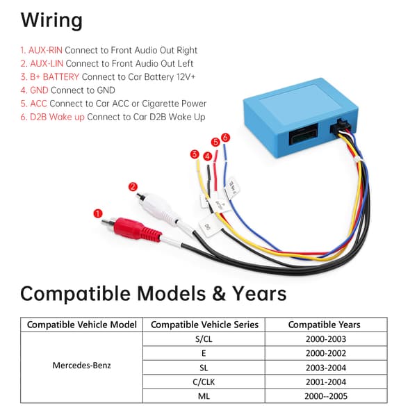 XTRONS Universal D2B-kabel, kompatibel med Mercedes Benz, One Din-storlek, 2,5" skärm