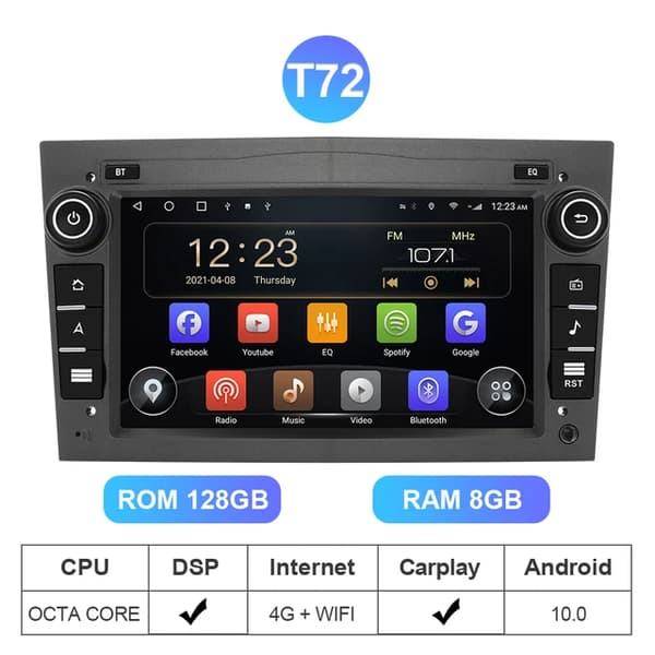 Auton stereo, Android 10, GPS-soitin, T72 RAM 8GB G