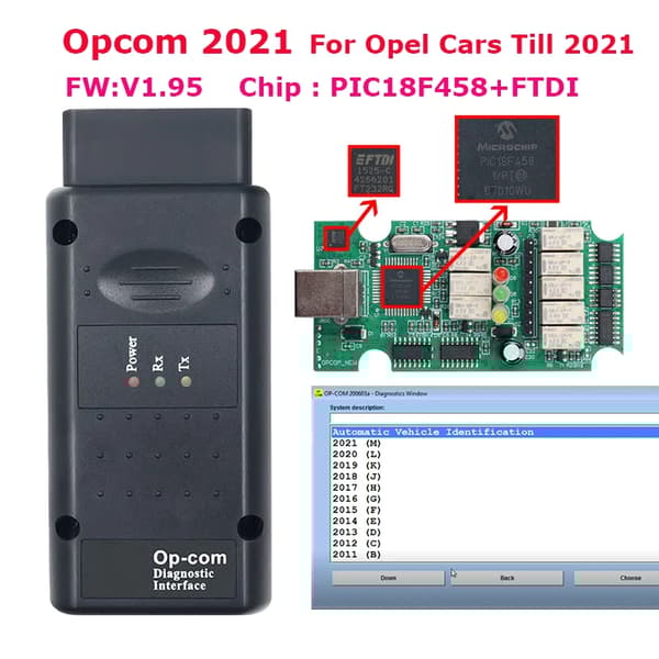 Auton diagnoosityökalu, todellinen FTDI PIC18F458, Flash-päivitetty, Opcom 2021