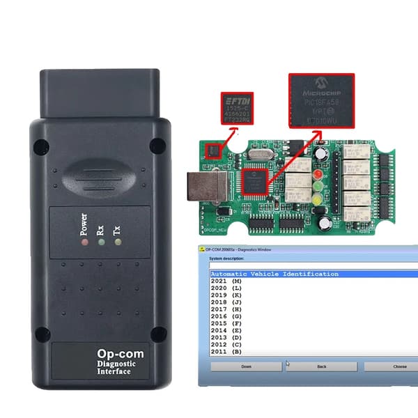 Auton diagnoosityökalu, todellinen FTDI PIC18F458, Flash-päivitetty, Opcom 2021